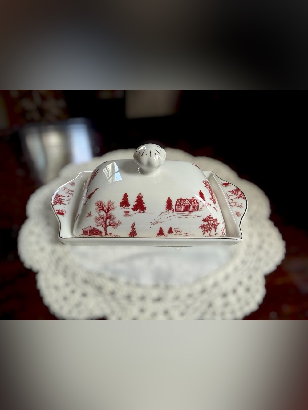 Grace Teaware Butter Dish Winter Village Red & White